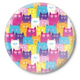 Значок с принтом Разноцветные котики в Тюмени,  металл | круглая форма, металлическая застежка в виде булавки | blue | cat | colorful | cool | cute | funny | kitten | orange | paws | pink | purple | smile | tail | torso | white | yellow | белый | желтый | забавный | кот | котёнок | котик | котэ | кошка | лапы | милый | оранжевый | прикольный | разноцветны