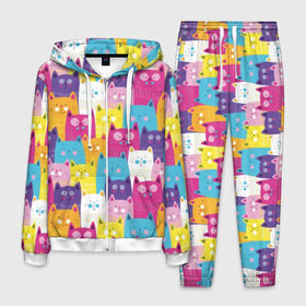 Мужской костюм 3D с принтом Разноцветные котики в Тюмени, 100% полиэстер | Манжеты и пояс оформлены тканевой резинкой, двухслойный капюшон со шнурком для регулировки, карманы спереди | blue | cat | colorful | cool | cute | funny | kitten | orange | paws | pink | purple | smile | tail | torso | white | yellow | белый | желтый | забавный | кот | котёнок | котик | котэ | кошка | лапы | милый | оранжевый | прикольный | разноцветны