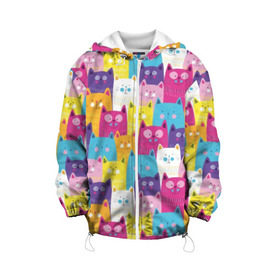 Детская куртка 3D с принтом Разноцветные котики в Тюмени, 100% полиэстер | застежка — молния, подол и капюшон оформлены резинкой с фиксаторами, по бокам — два кармана без застежек, один потайной карман на груди, плотность верхнего слоя — 90 г/м2; плотность флисового подклада — 260 г/м2 | blue | cat | colorful | cool | cute | funny | kitten | orange | paws | pink | purple | smile | tail | torso | white | yellow | белый | желтый | забавный | кот | котёнок | котик | котэ | кошка | лапы | милый | оранжевый | прикольный | разноцветны