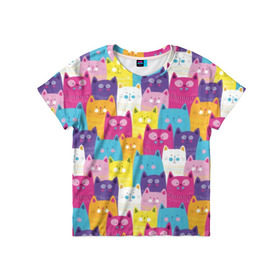 Детская футболка 3D с принтом Разноцветные котики в Тюмени, 100% гипоаллергенный полиэфир | прямой крой, круглый вырез горловины, длина до линии бедер, чуть спущенное плечо, ткань немного тянется | blue | cat | colorful | cool | cute | funny | kitten | orange | paws | pink | purple | smile | tail | torso | white | yellow | белый | желтый | забавный | кот | котёнок | котик | котэ | кошка | лапы | милый | оранжевый | прикольный | разноцветны