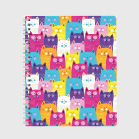 Тетрадь с принтом Разноцветные котики в Тюмени, 100% бумага | 48 листов, плотность листов — 60 г/м2, плотность картонной обложки — 250 г/м2. Листы скреплены сбоку удобной пружинной спиралью. Уголки страниц и обложки скругленные. Цвет линий — светло-серый
 | blue | cat | colorful | cool | cute | funny | kitten | orange | paws | pink | purple | smile | tail | torso | white | yellow | белый | желтый | забавный | кот | котёнок | котик | котэ | кошка | лапы | милый | оранжевый | прикольный | разноцветны
