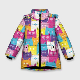 Зимняя куртка для девочек 3D с принтом Разноцветные котики в Тюмени, ткань верха — 100% полиэстер; подклад — 100% полиэстер, утеплитель — 100% полиэстер. | длина ниже бедра, удлиненная спинка, воротник стойка и отстегивающийся капюшон. Есть боковые карманы с листочкой на кнопках, утяжки по низу изделия и внутренний карман на молнии. 

Предусмотрены светоотражающий принт на спинке, радужный светоотражающий элемент на пуллере молнии и на резинке для утяжки. | Тематика изображения на принте: blue | cat | colorful | cool | cute | funny | kitten | orange | paws | pink | purple | smile | tail | torso | white | yellow | белый | желтый | забавный | кот | котёнок | котик | котэ | кошка | лапы | милый | оранжевый | прикольный | разноцветны