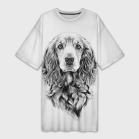 Платье-футболка 3D с принтом Кокер спаниель в Тюмени,  |  | animal | black | breed | cocker spaniel | cool | dog | eyes | interesting | look | muzzle | white | wool | белый | взгляд | глаза | животное | интересный | кокер спаниель | пёс | порода | прикольный | псина | собака | собакен | черный | шерсть