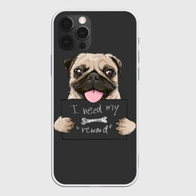 Чехол для iPhone 12 Pro Max с принтом I need my “reward” в Тюмени, Силикон |  | Тематика изображения на принте: animal | breed | dog | eyes | funny | gray | look | muzzle | pug | slogan | text | взгляд | глаза | животное | забавный | мопс | порода | серый | слоган | собака | текст