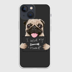 Чехол для iPhone 13 mini с принтом I need my “reward” в Тюмени,  |  | Тематика изображения на принте: animal | breed | dog | eyes | funny | gray | look | muzzle | pug | slogan | text | взгляд | глаза | животное | забавный | мопс | порода | серый | слоган | собака | текст