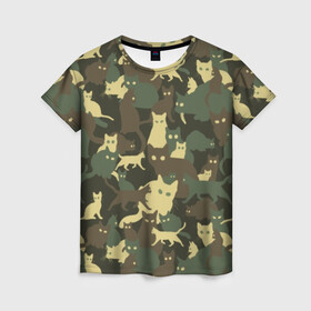 Женская футболка 3D с принтом Кошачий камуфляж в Тюмени, 100% полиэфир ( синтетическое хлопкоподобное полотно) | прямой крой, круглый вырез горловины, длина до линии бедер | Тематика изображения на принте: animal | camouflage | cat | funny | green | khaki | marsh | silhouette | болотный | животное | забавный | зеленый | камуфляж | кот | котик | силуэт | хаки