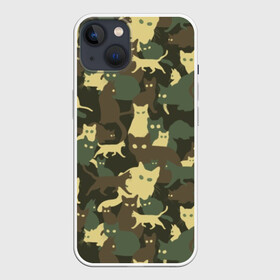 Чехол для iPhone 13 с принтом Кошачий камуфляж в Тюмени,  |  | animal | camouflage | cat | funny | green | khaki | marsh | silhouette | болотный | животное | забавный | зеленый | камуфляж | кот | котик | силуэт | хаки