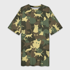Платье-футболка 3D с принтом Кошачий камуфляж в Тюмени,  |  | animal | camouflage | cat | funny | green | khaki | marsh | silhouette | болотный | животное | забавный | зеленый | камуфляж | кот | котик | силуэт | хаки