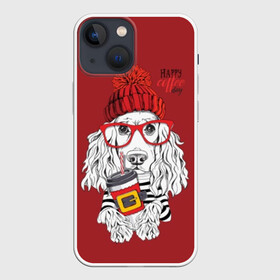 Чехол для iPhone 13 mini с принтом Happy coffee day в Тюмени,  |  | animal | breed | coffee | coffee lover | dog | hat | red | slogan | spaniel | text | white | белый | животное | кофе | кофеман | красный | очки | порода | слоган | собака | спаниель | текст | шапка