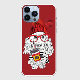 Чехол для iPhone 13 Pro Max с принтом Happy coffee day в Тюмени,  |  | animal | breed | coffee | coffee lover | dog | hat | red | slogan | spaniel | text | white | белый | животное | кофе | кофеман | красный | очки | порода | слоган | собака | спаниель | текст | шапка