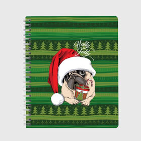 Тетрадь с принтом Holly Jolly в Тюмени, 100% бумага | 48 листов, плотность листов — 60 г/м2, плотность картонной обложки — 250 г/м2. Листы скреплены сбоку удобной пружинной спиралью. Уголки страниц и обложки скругленные. Цвет линий — светло-серый
 | animal | breed | christmas | cozy | dog | family | green | holiday | home | new year | pug | red | tree | white | winter | белый | домашний | ёлки | животное | зеленый | зима | красный | мопс | новый год | порода | праздник | рождество | семейный | собака