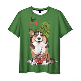 Мужская футболка 3D с принтом Love is sweet в Тюмени, 100% полиэфир | прямой крой, круглый вырез горловины, длина до линии бедер | animal | breed | brown | corgi | cute | dog | funny | green | hat | heart | slogan | text | white | белый | животное | забавный | зеленый | корги | коричневый | милый | пёс | порода | сердце | слоган | собака | текст | шапка