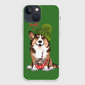 Чехол для iPhone 13 mini с принтом Love is sweet в Тюмени,  |  | animal | breed | brown | corgi | cute | dog | funny | green | hat | heart | slogan | text | white | белый | животное | забавный | зеленый | корги | коричневый | милый | пёс | порода | сердце | слоган | собака | текст | шапка