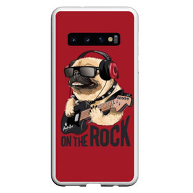 Чехол для Samsung Galaxy S10 с принтом On the rock в Тюмени, Силикон | Область печати: задняя сторона чехла, без боковых панелей | animal | black | breed | cool | dog | guitar | headphones | motto | music | pug | red | rock | rock star | slogan | text | гитара | девиз | животное | красный | крутой | мопс | музыка | наушники | очки | порода | рок | рок звезда | слоган | соба