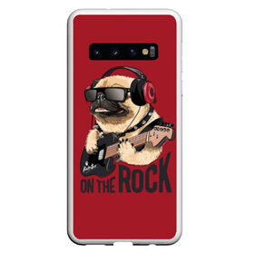 Чехол для Samsung Galaxy S10 с принтом On the rock в Тюмени, Силикон | Область печати: задняя сторона чехла, без боковых панелей | Тематика изображения на принте: animal | black | breed | cool | dog | guitar | headphones | motto | music | pug | red | rock | rock star | slogan | text | гитара | девиз | животное | красный | крутой | мопс | музыка | наушники | очки | порода | рок | рок звезда | слоган | соба