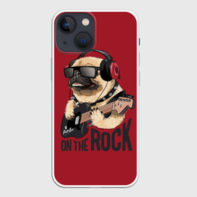 Чехол для iPhone 13 mini с принтом On the rock в Тюмени,  |  | animal | black | breed | cool | dog | guitar | headphones | motto | music | pug | red | rock | rock star | slogan | text | гитара | девиз | животное | красный | крутой | мопс | музыка | наушники | очки | порода | рок | рок звезда | слоган | соба