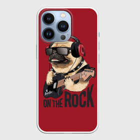 Чехол для iPhone 13 Pro с принтом On the rock в Тюмени,  |  | animal | black | breed | cool | dog | guitar | headphones | motto | music | pug | red | rock | rock star | slogan | text | гитара | девиз | животное | красный | крутой | мопс | музыка | наушники | очки | порода | рок | рок звезда | слоган | соба