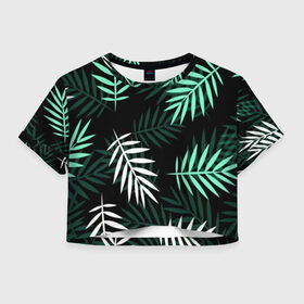 Женская футболка Cropp-top с принтом Листья пальмы. в Тюмени, 100% полиэстер | круглая горловина, длина футболки до линии талии, рукава с отворотами | 3d | green | leaves | magic | pattern | tekstura | white | белые | зеленые | листья | текстура | узор