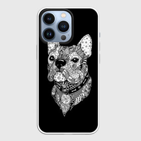 Чехол для iPhone 13 Pro с принтом Бульдог в Тюмени,  |  | animal | black | bone | breed | bulldog | collar | dog | drawing | ethnic | eyes | look | muzzle | pattern | white | zendudl | белый | бульдог | взгляд | глаза | животное | зендудл | кость | ошейник | пёс | порода | рисунок | собака | узор | черны