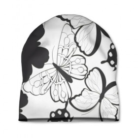 Шапка 3D с принтом Бабочки (Black-White). в Тюмени, 100% полиэстер | универсальный размер, печать по всей поверхности изделия | 3d | black white | tekstura | бабочки | текстура | узор | черно белий