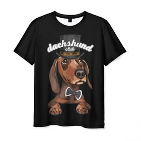 Мужская футболка 3D с принтом Такса в цилиндре в Тюмени, 100% полиэфир | прямой крой, круглый вырез горловины, длина до линии бедер | animal | black | bowtie | breed | brown | cool | cylinder | dachshund | dog | gentleman | muzzle | white | белый | галстук  бабочка | джентльмен | животное | коричневый | порода | прикольный | собака | такса | цилиндр | черный