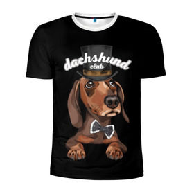 Мужская футболка 3D спортивная с принтом Такса в цилиндре в Тюмени, 100% полиэстер с улучшенными характеристиками | приталенный силуэт, круглая горловина, широкие плечи, сужается к линии бедра | animal | black | bowtie | breed | brown | cool | cylinder | dachshund | dog | gentleman | muzzle | white | белый | галстук  бабочка | джентльмен | животное | коричневый | порода | прикольный | собака | такса | цилиндр | черный