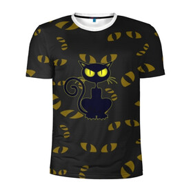 Мужская футболка 3D спортивная с принтом Смотрящий  кот в Тюмени, 100% полиэстер с улучшенными характеристиками | приталенный силуэт, круглая горловина, широкие плечи, сужается к линии бедра | Тематика изображения на принте: 3d | абстракция | анимация | глаза | желтые | смотрящий  кот | черный