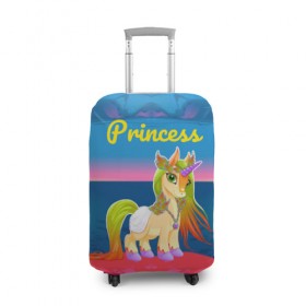 Чехол для чемодана 3D с принтом Единорог принцессы в Тюмени, 86% полиэфир, 14% спандекс | двустороннее нанесение принта, прорези для ручек и колес | Тематика изображения на принте: pony | грива | девочка | единорог | конь | копыта | красивая | лошадка | лошадь | милая | пони | природа закат | радуга