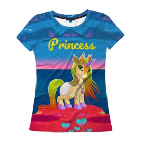 Женская футболка 3D с принтом Единорог принцессы в Тюмени, 100% полиэфир ( синтетическое хлопкоподобное полотно) | прямой крой, круглый вырез горловины, длина до линии бедер | pony | грива | девочка | единорог | конь | копыта | красивая | лошадка | лошадь | милая | пони | природа закат | радуга