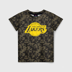 Детская футболка 3D с принтом Los Angeles Lakers Camo Gold в Тюмени, 100% гипоаллергенный полиэфир | прямой крой, круглый вырез горловины, длина до линии бедер, чуть спущенное плечо, ткань немного тянется | 