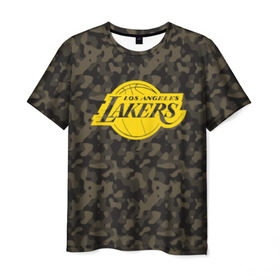 Мужская футболка 3D с принтом Los Angeles Lakers Camo Gold в Тюмени, 100% полиэфир | прямой крой, круглый вырез горловины, длина до линии бедер | 