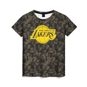 Женская футболка 3D с принтом Los Angeles Lakers Camo Gold в Тюмени, 100% полиэфир ( синтетическое хлопкоподобное полотно) | прямой крой, круглый вырез горловины, длина до линии бедер | 