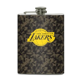 Фляга с принтом Los Angeles Lakers Camo Gold в Тюмени, металлический корпус | емкость 0,22 л, размер 125 х 94 мм. Виниловая наклейка запечатывается полностью | 