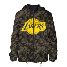 Мужская куртка 3D с принтом Los Angeles Lakers Camo Gold в Тюмени, ткань верха — 100% полиэстер, подклад — флис | прямой крой, подол и капюшон оформлены резинкой с фиксаторами, два кармана без застежек по бокам, один большой потайной карман на груди. Карман на груди застегивается на липучку | Тематика изображения на принте: 