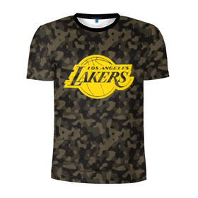 Мужская футболка 3D спортивная с принтом Los Angeles Lakers Camo Gold в Тюмени, 100% полиэстер с улучшенными характеристиками | приталенный силуэт, круглая горловина, широкие плечи, сужается к линии бедра | 