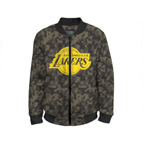 Детский бомбер 3D с принтом Los Angeles Lakers Camo Gold в Тюмени, 100% полиэстер | застегивается на молнию, по бокам два кармана без застежек, мягкие манжеты, по низу бомбера и на воротнике — эластичная резинка | 