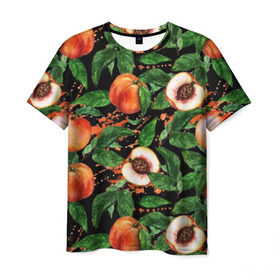 Мужская футболка 3D с принтом Персики в Тюмени, 100% полиэфир | прямой крой, круглый вырез горловины, длина до линии бедер | Тематика изображения на принте: аромат | зелень | лето | листья | персик | плоды | сад | сочный | спелый | фрукты | цветы