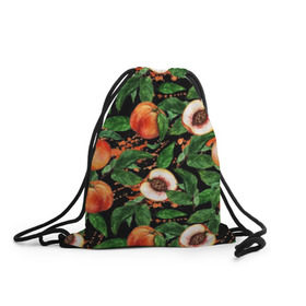 Рюкзак-мешок 3D с принтом Персики в Тюмени, 100% полиэстер | плотность ткани — 200 г/м2, размер — 35 х 45 см; лямки — толстые шнурки, застежка на шнуровке, без карманов и подкладки | Тематика изображения на принте: аромат | зелень | лето | листья | персик | плоды | сад | сочный | спелый | фрукты | цветы