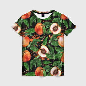 Женская футболка 3D с принтом Персики в Тюмени, 100% полиэфир ( синтетическое хлопкоподобное полотно) | прямой крой, круглый вырез горловины, длина до линии бедер | аромат | зелень | лето | листья | персик | плоды | сад | сочный | спелый | фрукты | цветы