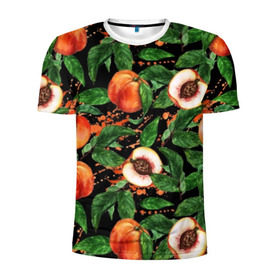 Мужская футболка 3D спортивная с принтом Персики в Тюмени, 100% полиэстер с улучшенными характеристиками | приталенный силуэт, круглая горловина, широкие плечи, сужается к линии бедра | аромат | зелень | лето | листья | персик | плоды | сад | сочный | спелый | фрукты | цветы