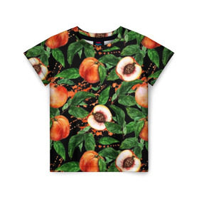 Детская футболка 3D с принтом Персики в Тюмени, 100% гипоаллергенный полиэфир | прямой крой, круглый вырез горловины, длина до линии бедер, чуть спущенное плечо, ткань немного тянется | аромат | зелень | лето | листья | персик | плоды | сад | сочный | спелый | фрукты | цветы