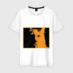 Мужская футболка хлопок с принтом кот в Тюмени, 100% хлопок | прямой крой, круглый вырез горловины, длина до линии бедер, слегка спущенное плечо. | белая | кот | котики | коты | кошка | кошки | толстовка