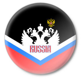 Значок с принтом HOCKEY RUSSIA в Тюмени,  металл | круглая форма, металлическая застежка в виде булавки | hockey | russia | sport | герб | надписи | россия | сборная хоккея | символика | спорт | спортсмен | триколор | форма | хоккей | чемпионат | я русский