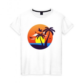 Женская футболка хлопок с принтом Пляжный закат в Тюмени, 100% хлопок | прямой крой, круглый вырез горловины, длина до линии бедер, слегка спущенное плечо | 