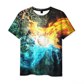 Мужская футболка 3D с принтом Альфа и Омега в Тюмени, 100% полиэфир | прямой крой, круглый вырез горловины, длина до линии бедер | битва огней | битва стихий | взрыв | вода | лед и пламя | лучи | огонь | огонь и вода | пламя | скала | текстура | энергия