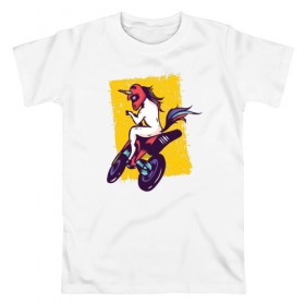 Мужская футболка хлопок с принтом Мотоциклист Единорог в Тюмени, 100% хлопок | прямой крой, круглый вырез горловины, длина до линии бедер, слегка спущенное плечо. | unicorn | единорог | мотоцикл