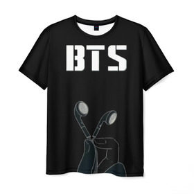 Мужская футболка 3D с принтом BTS(наушники в руке) в Тюмени, 100% полиэфир | прямой крой, круглый вырез горловины, длина до линии бедер | bangtan boys | beyond the scene | bts | бтс | группа | музыка | песни | южнокорейский бойбенд
