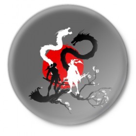 Значок с принтом Битва драконов в Тюмени,  металл | круглая форма, металлическая застежка в виде булавки | anime | meme | tokyo | аниме | герой | иероглиф | луна | манга | сакура | самурай | солнце | стиль | фентези | япония