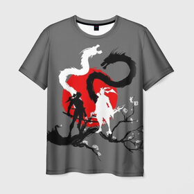Мужская футболка 3D с принтом Битва драконов в Тюмени, 100% полиэфир | прямой крой, круглый вырез горловины, длина до линии бедер | anime | meme | tokyo | аниме | герой | иероглиф | луна | манга | сакура | самурай | солнце | стиль | фентези | япония