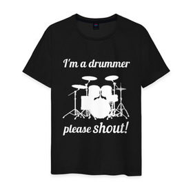 Мужская футболка хлопок с принтом Я барабанщик, так что кричите! в Тюмени, 100% хлопок | прямой крой, круглый вырез горловины, длина до линии бедер, слегка спущенное плечо. | Тематика изображения на принте: drum | drummer | барабан | барабанщик | барабаны